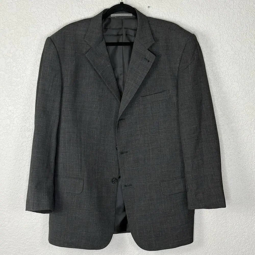 vtg 90s Giorgio Cosani Suit 44R 36X28 Wool 3 Button Pleated Gray Plaid